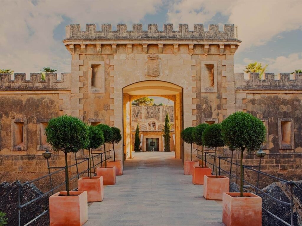 Cap Rocat Mallorca wedding venue entrance captured in warm Mediterranean light by a Mallorca wedding photographer.