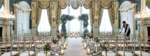 Elegant ballroom at Claridge’s London set for a luxury South Asian wedding. Indian Wedding Photographer London - ITF
