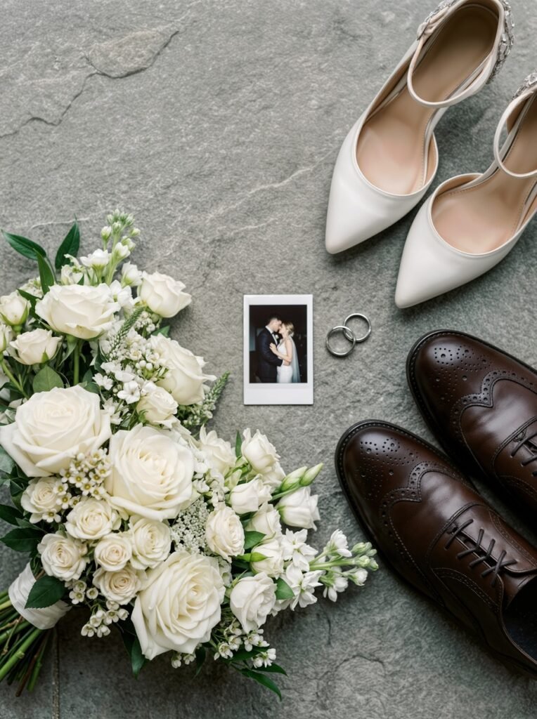 Wedding details with bouquet, rings, and shoes.